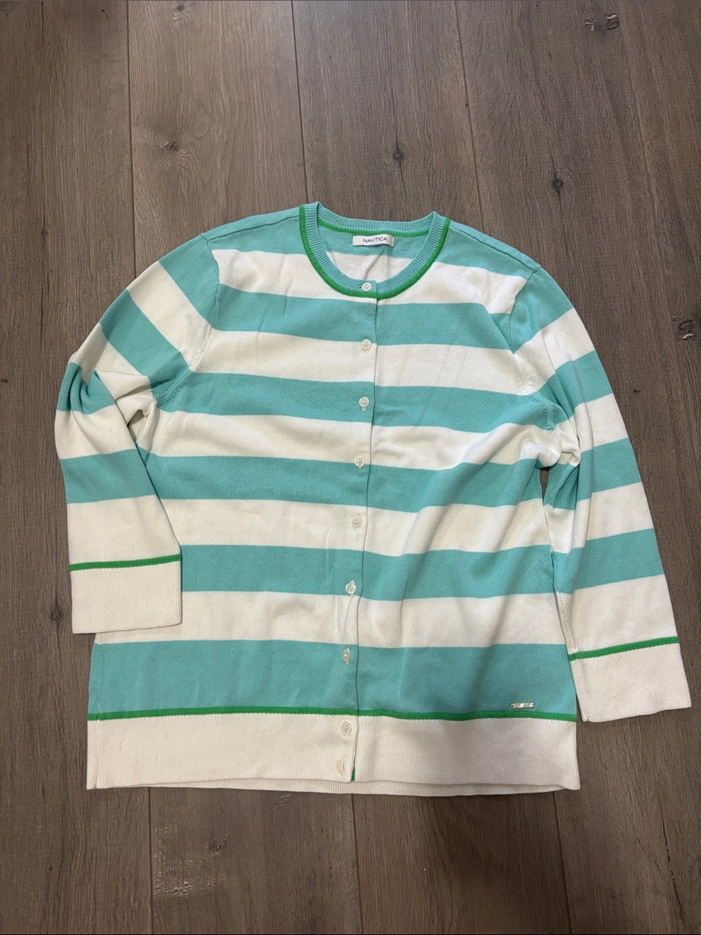 Nautica Aqua & White Striped Button-Up Cardigan with Green Trim